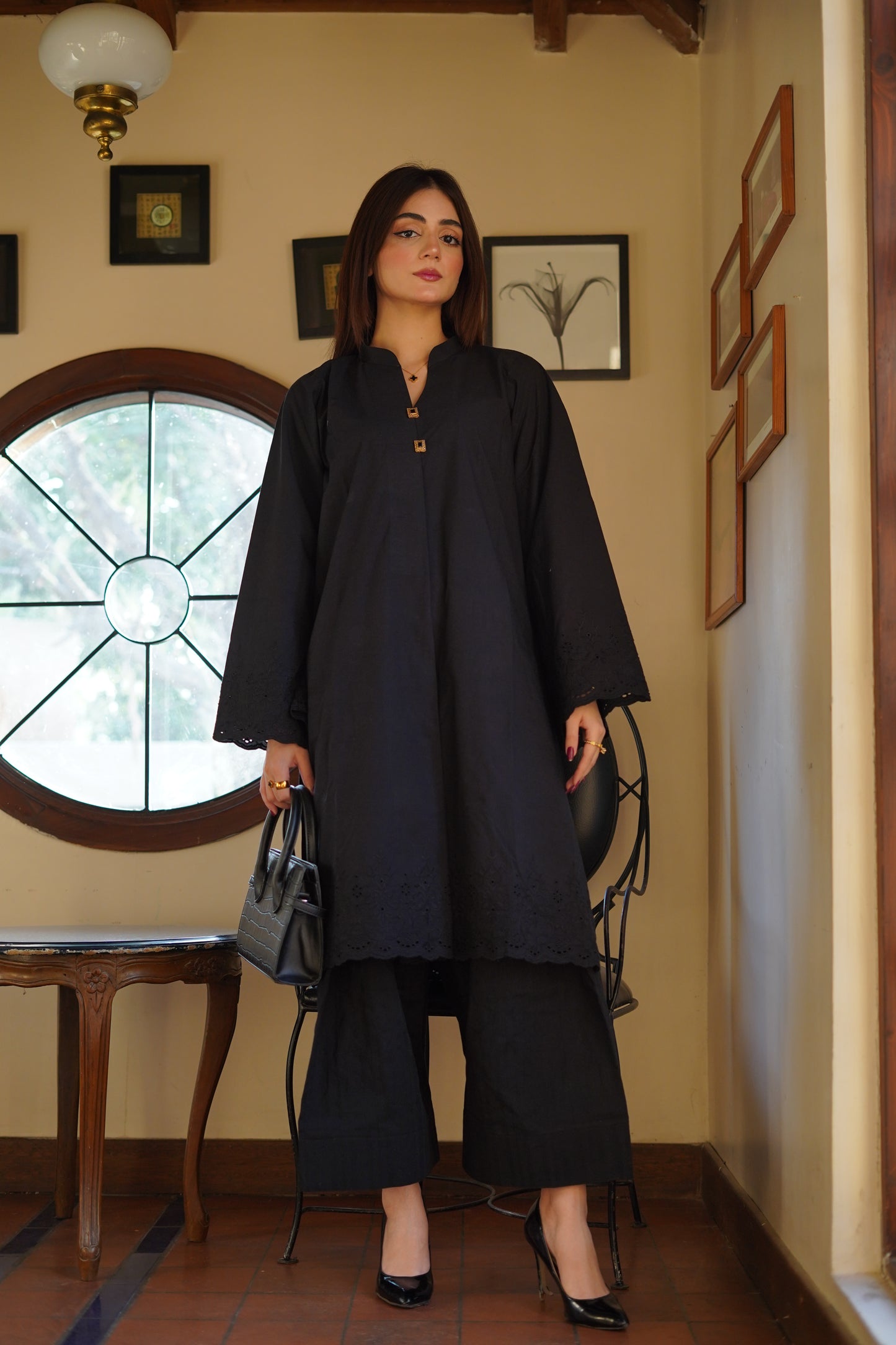 2 PIECE EMBROIDED BLACK SET