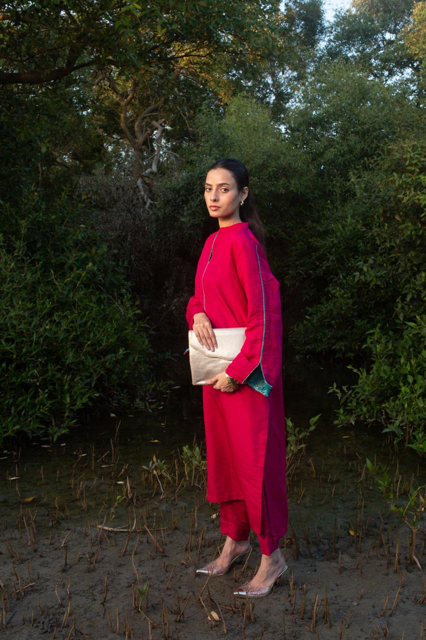 Hot pink khaadi silk with seagreen jamawar