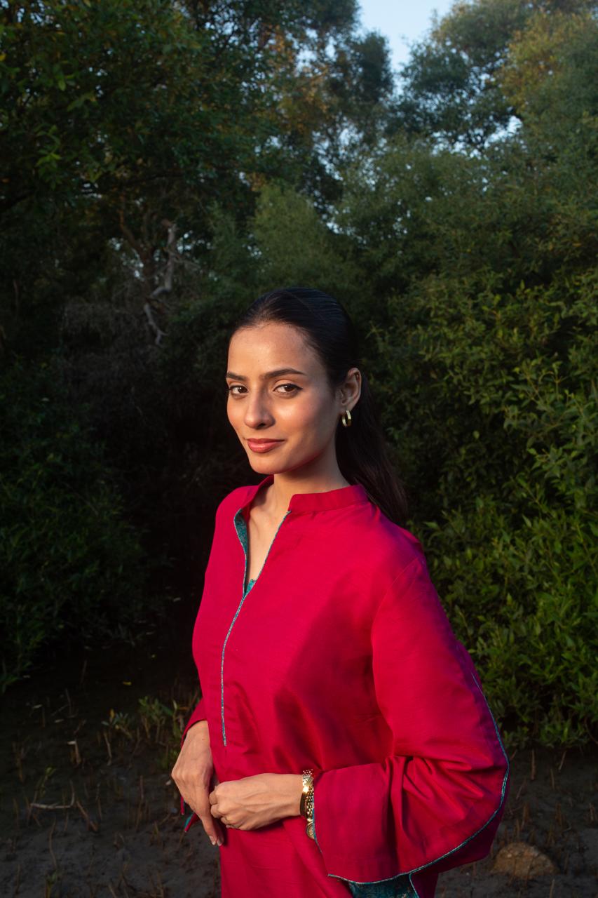 Hot pink khaadi silk with seagreen jamawar