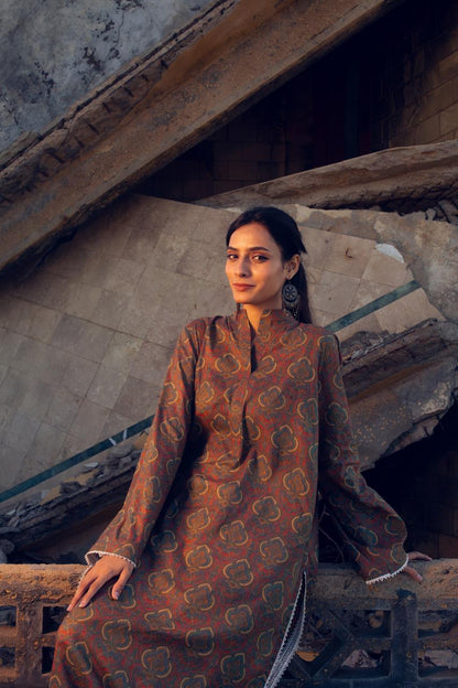Brown printed kurta with plain white trouser in lawn