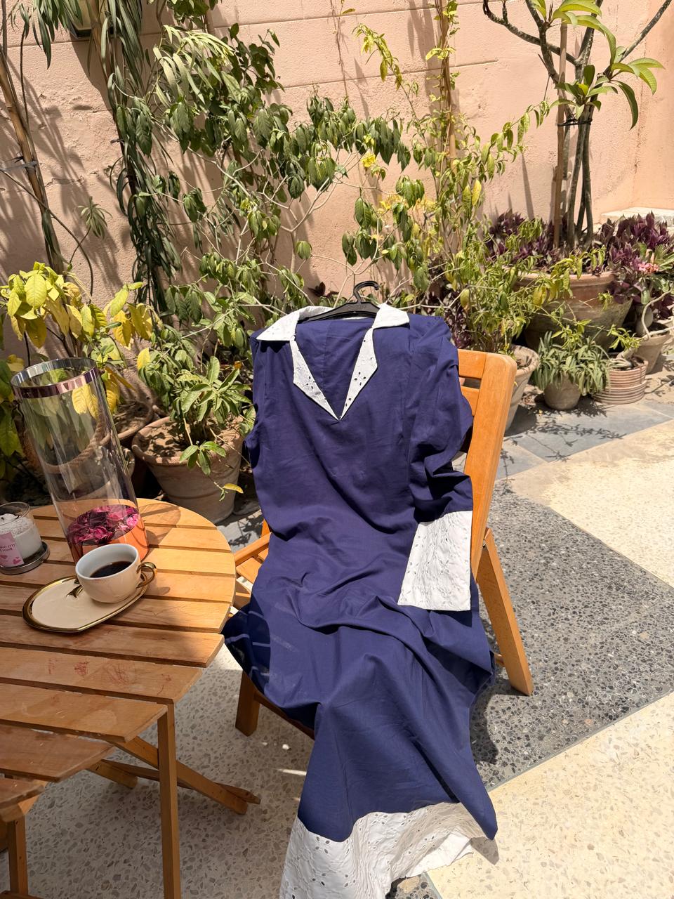Blue and white 3 piece lawn article with chiffon dupatta