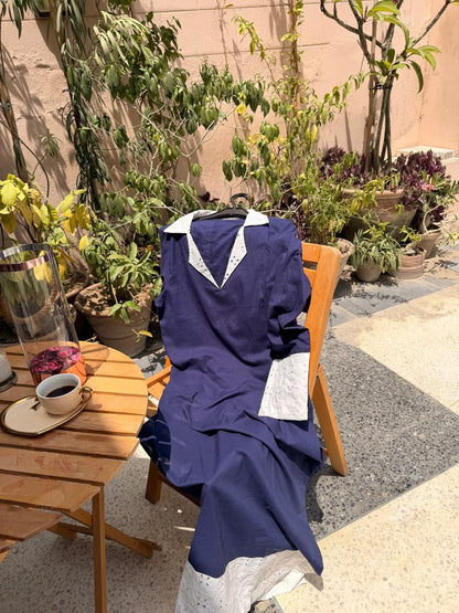 Blue and white 3 piece lawn article with chiffon dupatta
