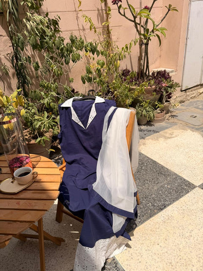 Blue and white 3 piece lawn article with chiffon dupatta