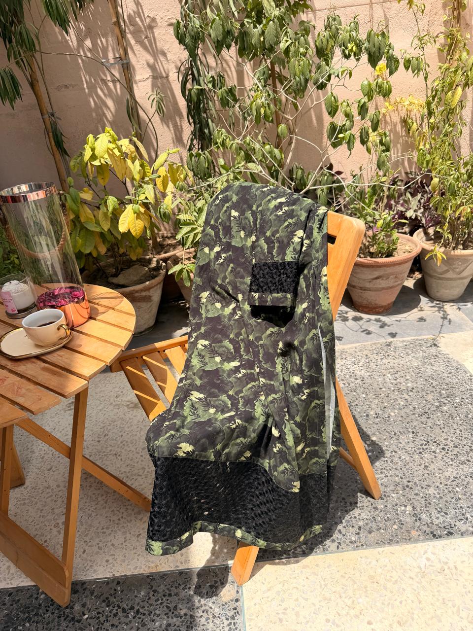 Printed green  linen set chiffon dupatta